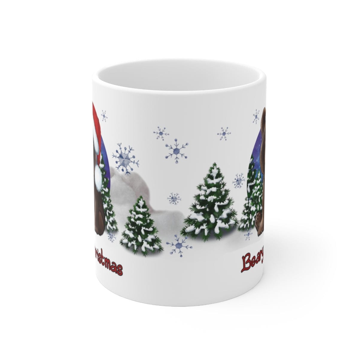Printify Mug 11oz Coffee Mug, "Beary Christmas",  Brown Bear Mug, Red Hat, White 11oz Ceramic, Cute Mug, 26226106429444536752