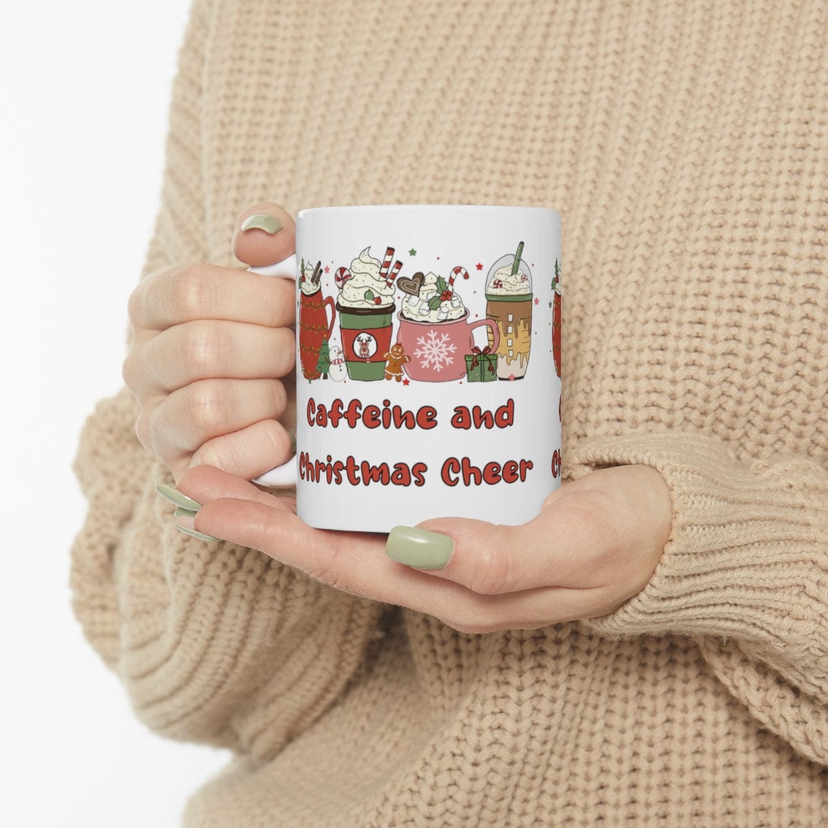 Printify Mug 11oz Coffee Mug, "Caffeine and Christmas Cheer", Fancy Coffee Drinks, Christmas Coffee, White 11oz Ceramic, Gift for Her, Cute Mug, Free Shipping 22780328799452416460