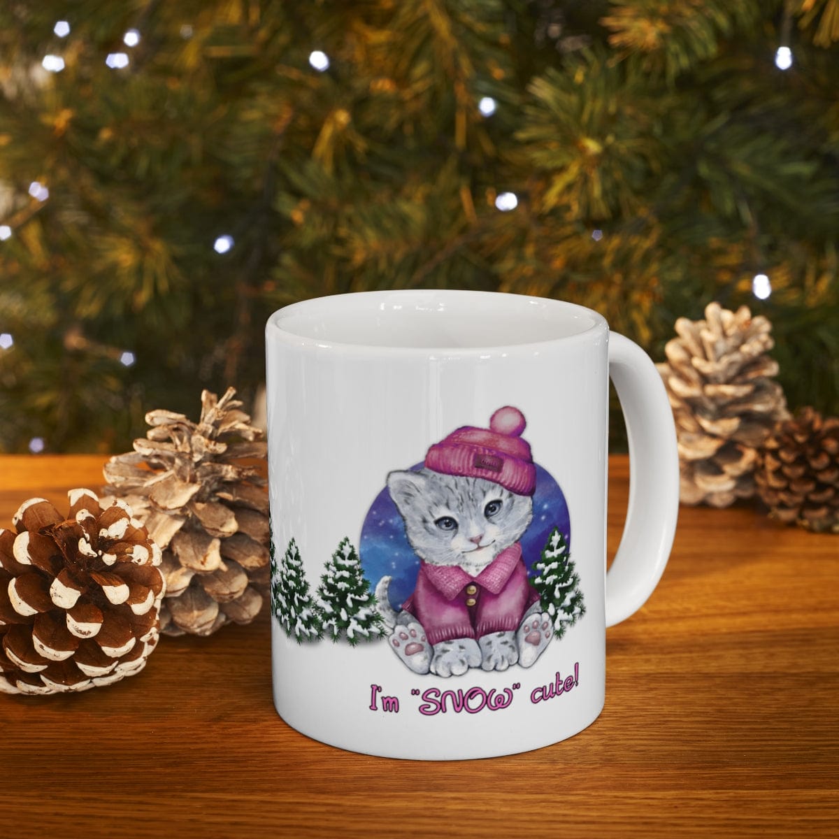 Printify Mug 11oz Coffee Mug, "I'm SNOW Cute!",  Baby Snow Leopard Mug, Pink Outfit, White 11oz Ceramic, Gift for Her, Cute Mug 25764971138798389285