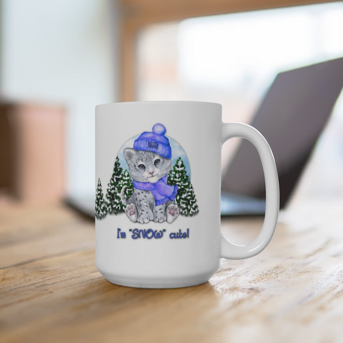 Printify Mug 15oz Coffee Mug, "I'm SNOW Cute!",  Baby Snow Leopard Mug, Blue Outfit, White 15 oz Ceramic, Gift for Her, Cute Mug, Funny Mug, Free Ship 23804255193646774504