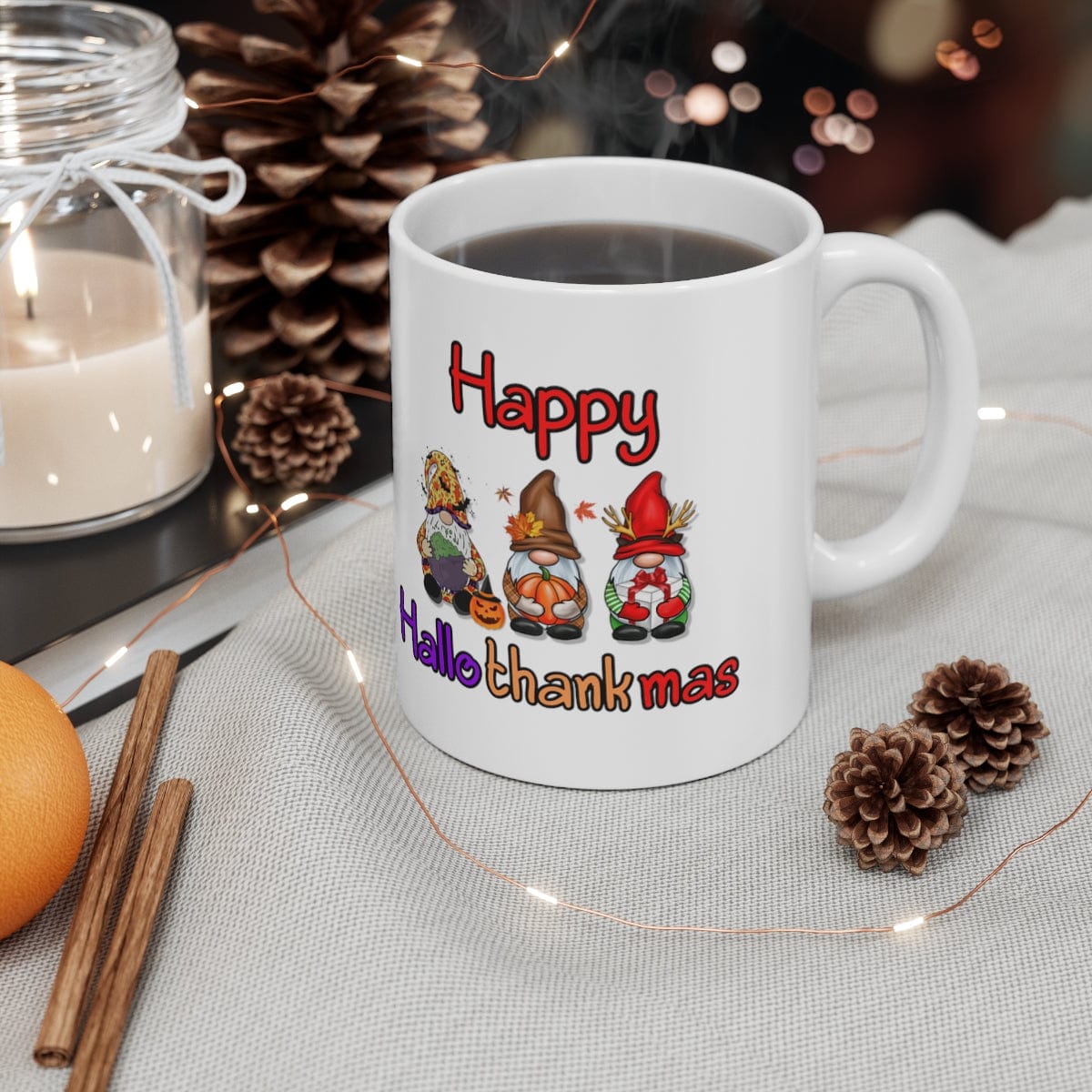 Printify Mug 11oz Coffee Mug, "Happy Hallothankmas" White 11oz Ceramic Mug , Gift for Her or Him, Humorous Mug, Humorous Gift 25392184352639115477