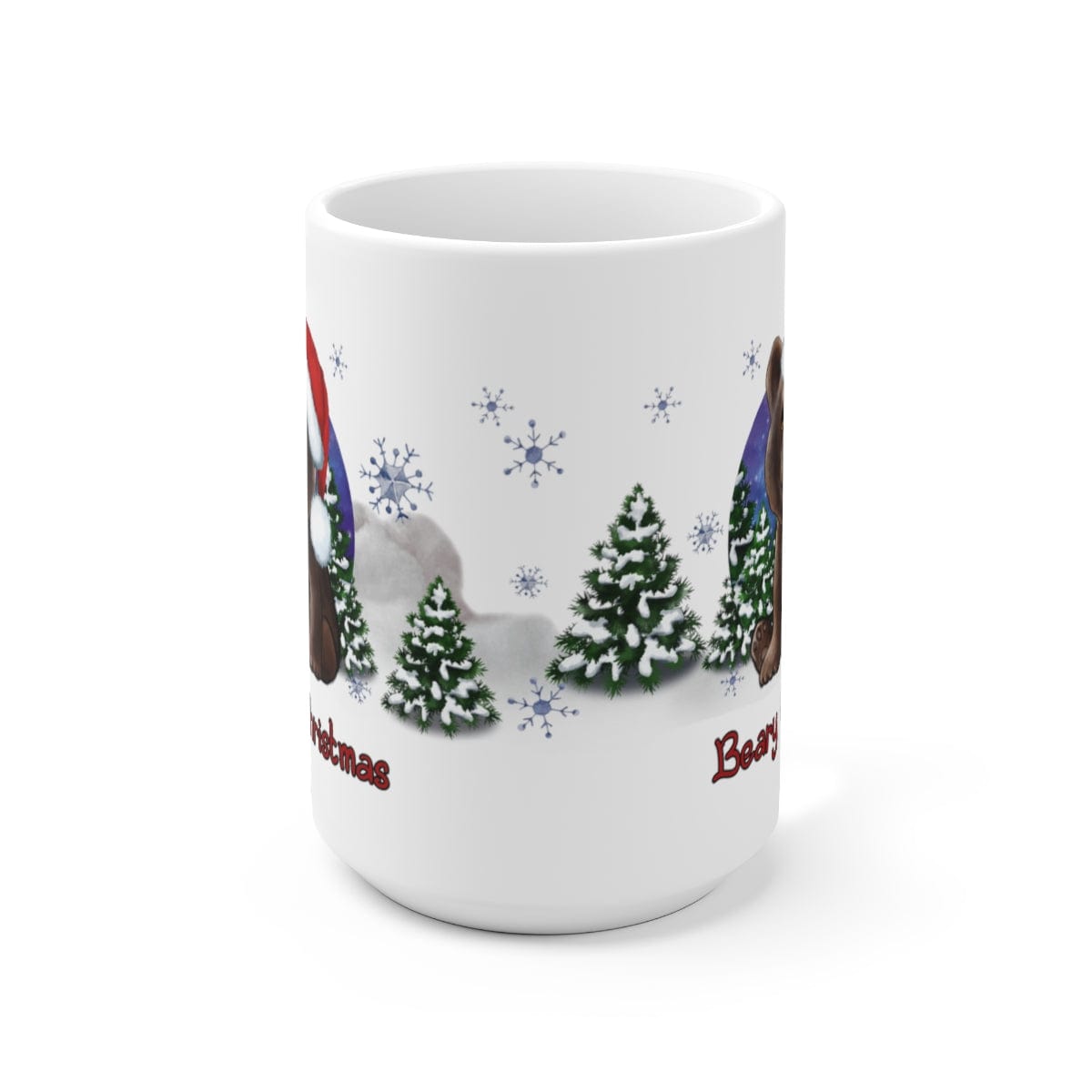 Printify Mug 15oz Coffee Mug, "Beary Christmas",  Brown Bear Mug, Red Hat, White 15oz Ceramic, Gift 15888933880454762022