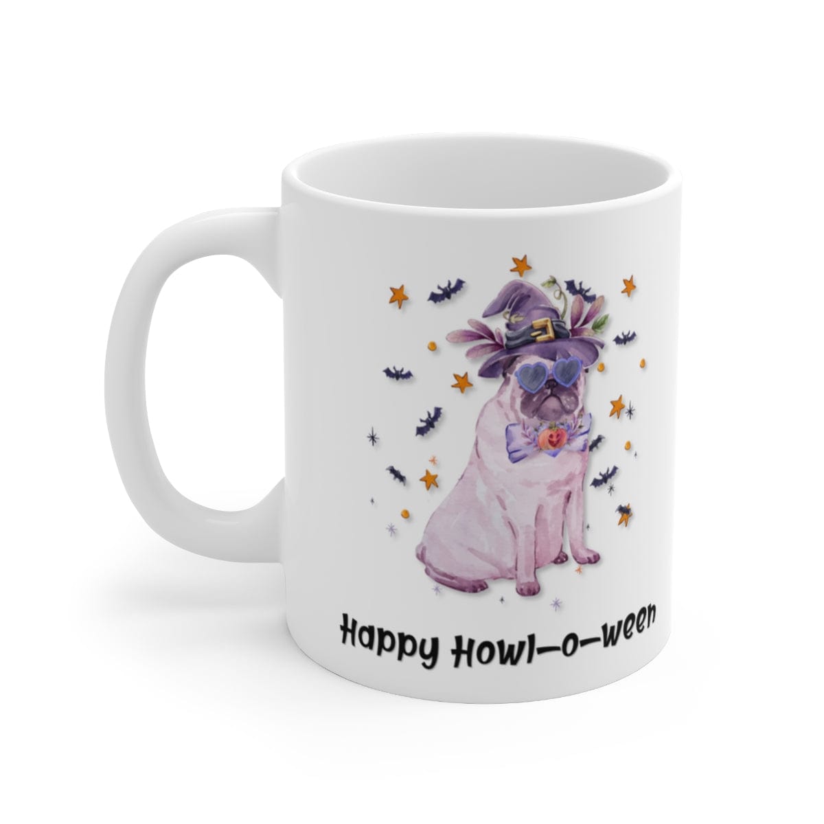 Printify Mug 11oz Coffee Mug, Happy Howl-o-ween, White 11oz Ceramic Mug, Pug Mug, Gift for Her, Humorous Mug, Dog Lover Gift, Free Shipping 25378626186534876927