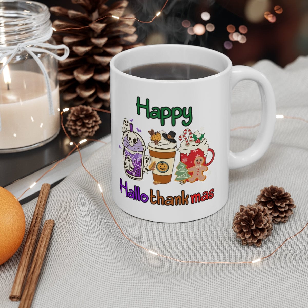 Printify Mug 11oz Coffee Mug 11 oz, "Happy Hallothankmas" White 11 oz Ceramic Mug , Gift for Her or Him, Humorous Mug, Funny Mug 18932712356975811420