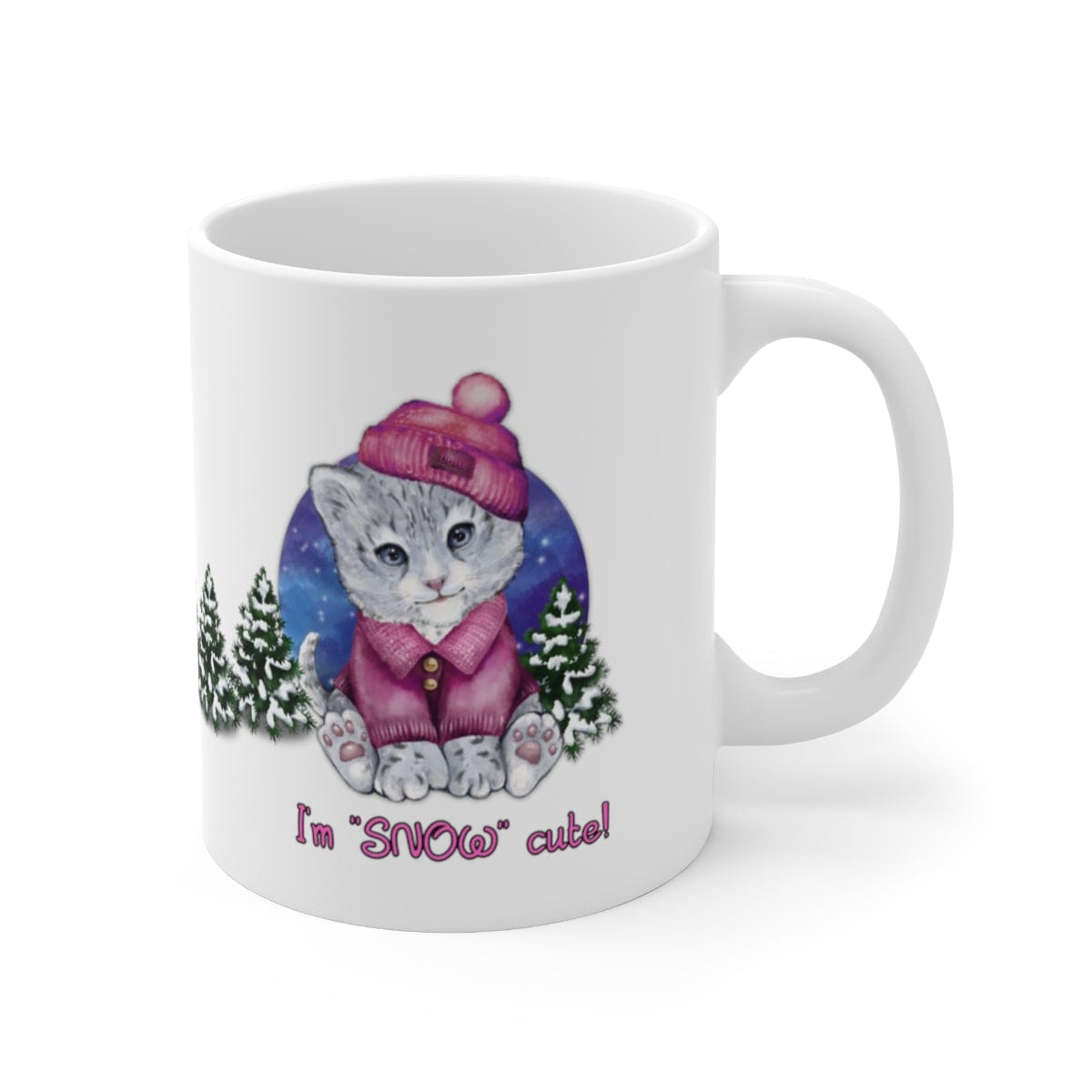 Printify Mug 11oz Coffee Mug, "I'm SNOW Cute!",  Baby Snow Leopard Mug, Pink Outfit, White 11oz Ceramic, Gift for Her, Cute Mug 25764971138798389285
