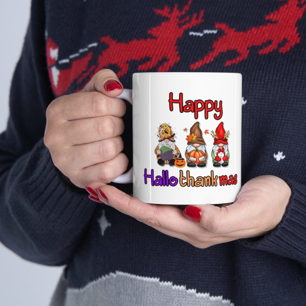 Printify Mug 11oz Coffee Mug, "Happy Hallothankmas" White 11oz Ceramic Mug , Gift for Her or Him, Humorous Mug, Humorous Gift 25392184352639115477