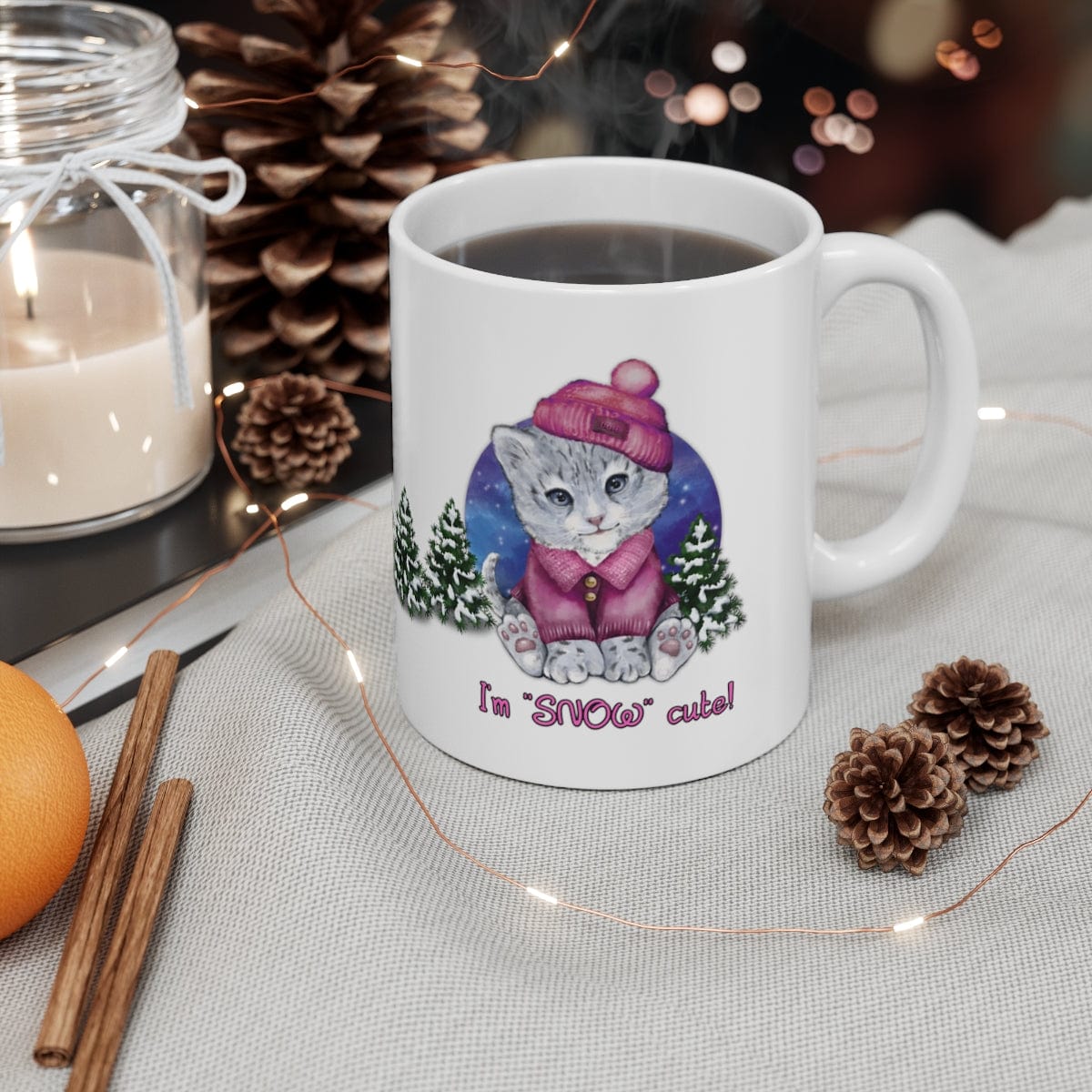 Printify Mug 11oz Coffee Mug, "I'm SNOW Cute!",  Baby Snow Leopard Mug, Pink Outfit, White 11oz Ceramic, Gift for Her, Cute Mug 25764971138798389285