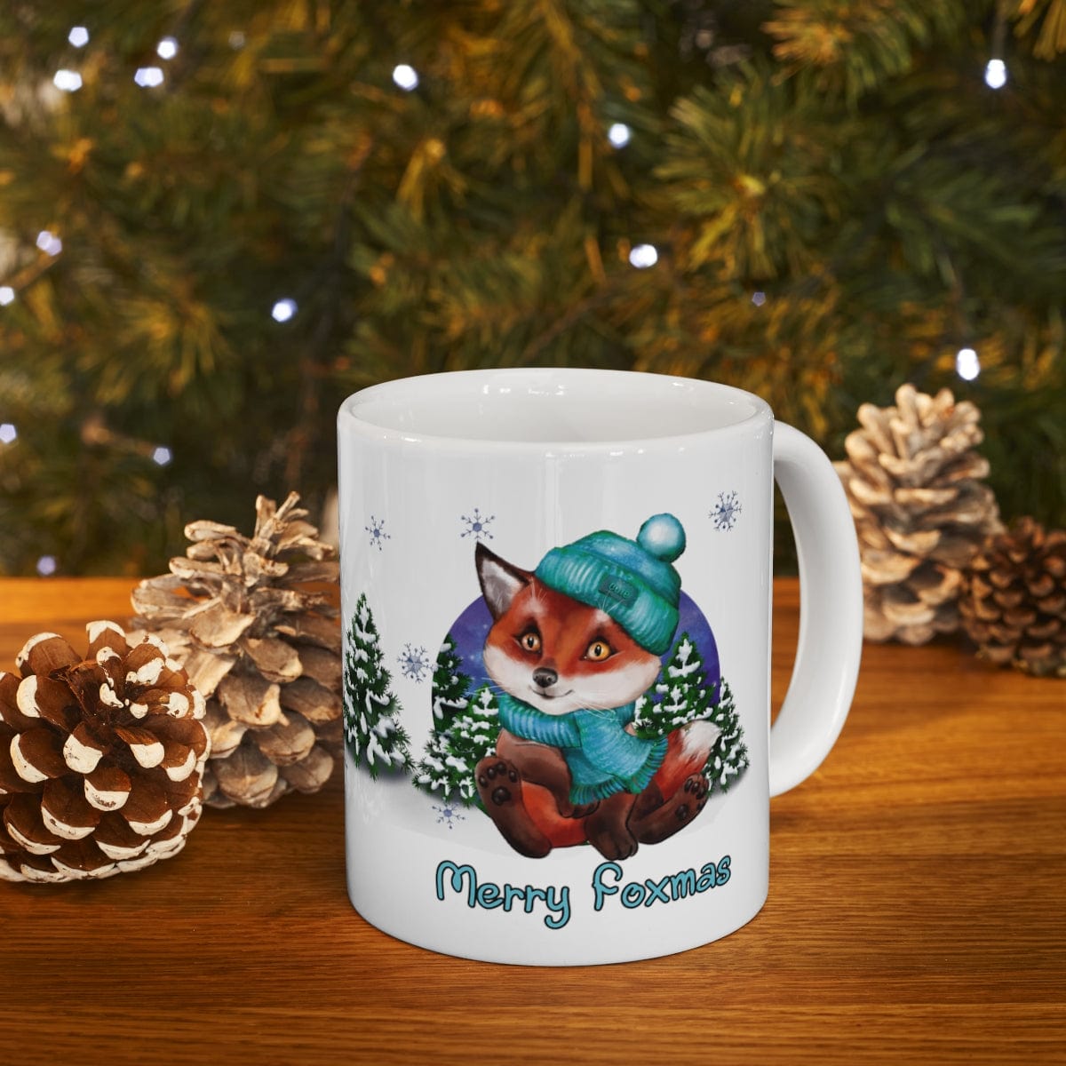 Printify Mug 11oz Coffee Mug, "Merry Foxmas",  Baby Fox Mug, Blue Beanie and Scarf, White 11oz Ceramic, Gift for Her, Cute Mug, Free Shipping 15728506072394654880