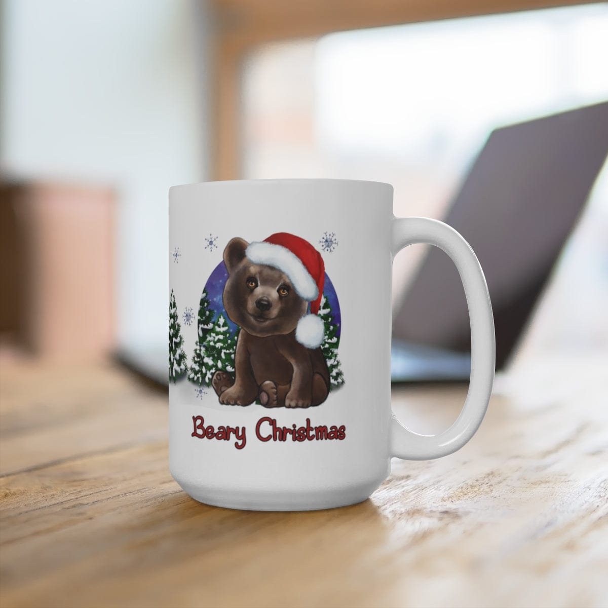 Printify Mug 15oz Coffee Mug, "Beary Christmas",  Brown Bear Mug, Red Hat, White 15oz Ceramic, Gift 15888933880454762022