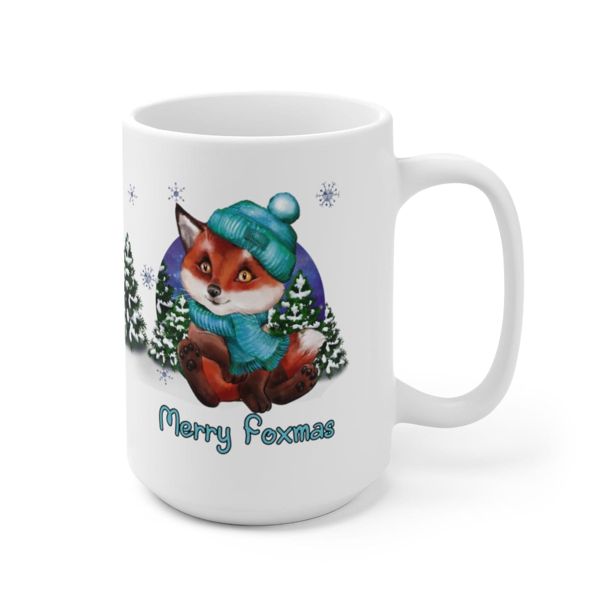 Printify Mug 15oz Coffee Mug, "Merry Foxmas",  Baby Fox Mug, Blue Beanie and Scarf, White 15 oz Ceramic, Gift for Her, Cute Mug, Free Shipping 27382209747318049501