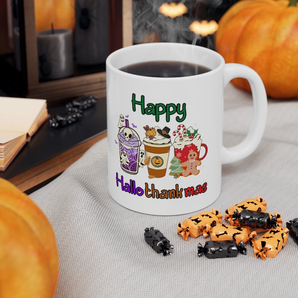 Printify Mug 11oz Coffee Mug 11 oz, "Happy Hallothankmas" White 11 oz Ceramic Mug , Gift for Her or Him, Humorous Mug, Funny Mug 18932712356975811420