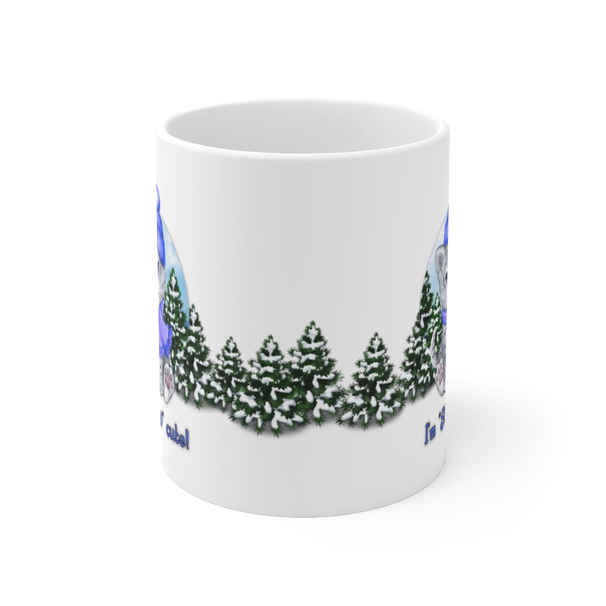 Printify Mug 11oz Coffee Mug, "I'm SNOW Cute!",  Baby Snow Leopard Mug, Blue Outfit, White 11oz Ceramic, Gift for Her, Cute Mug 27648233713182932971