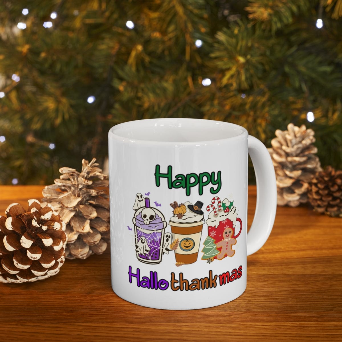 Printify Mug 11oz Coffee Mug 11 oz, "Happy Hallothankmas" White 11 oz Ceramic Mug , Gift for Her or Him, Humorous Mug, Funny Mug 18932712356975811420