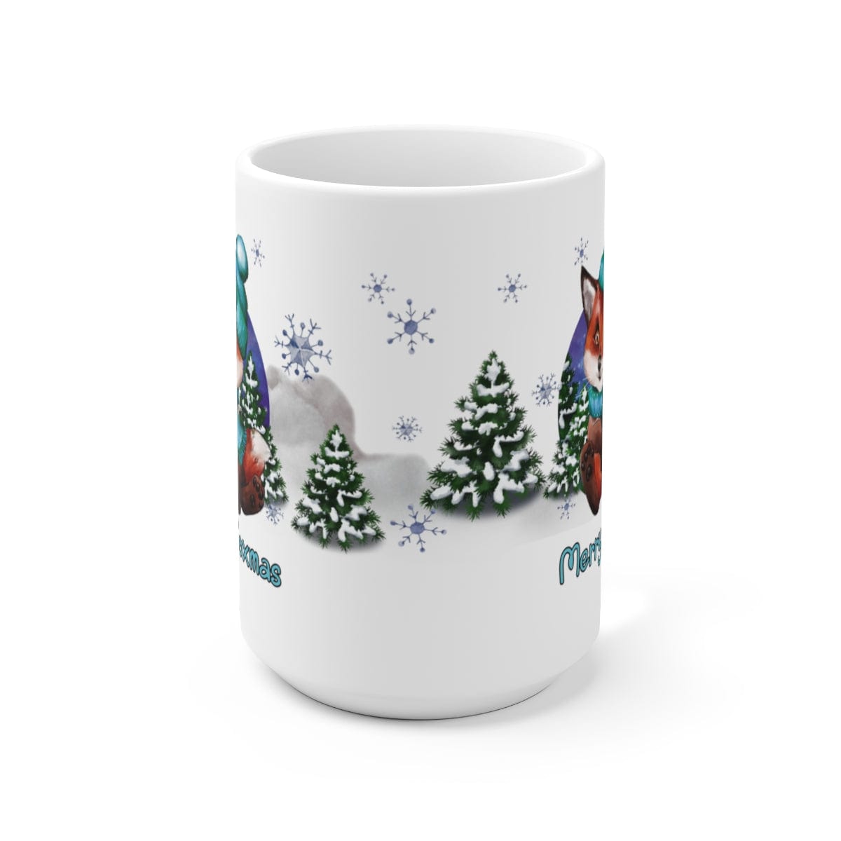 Printify Mug 15oz Coffee Mug, "Merry Foxmas",  Baby Fox Mug, Blue Beanie and Scarf, White 15 oz Ceramic, Gift for Her, Cute Mug, Free Shipping 27382209747318049501
