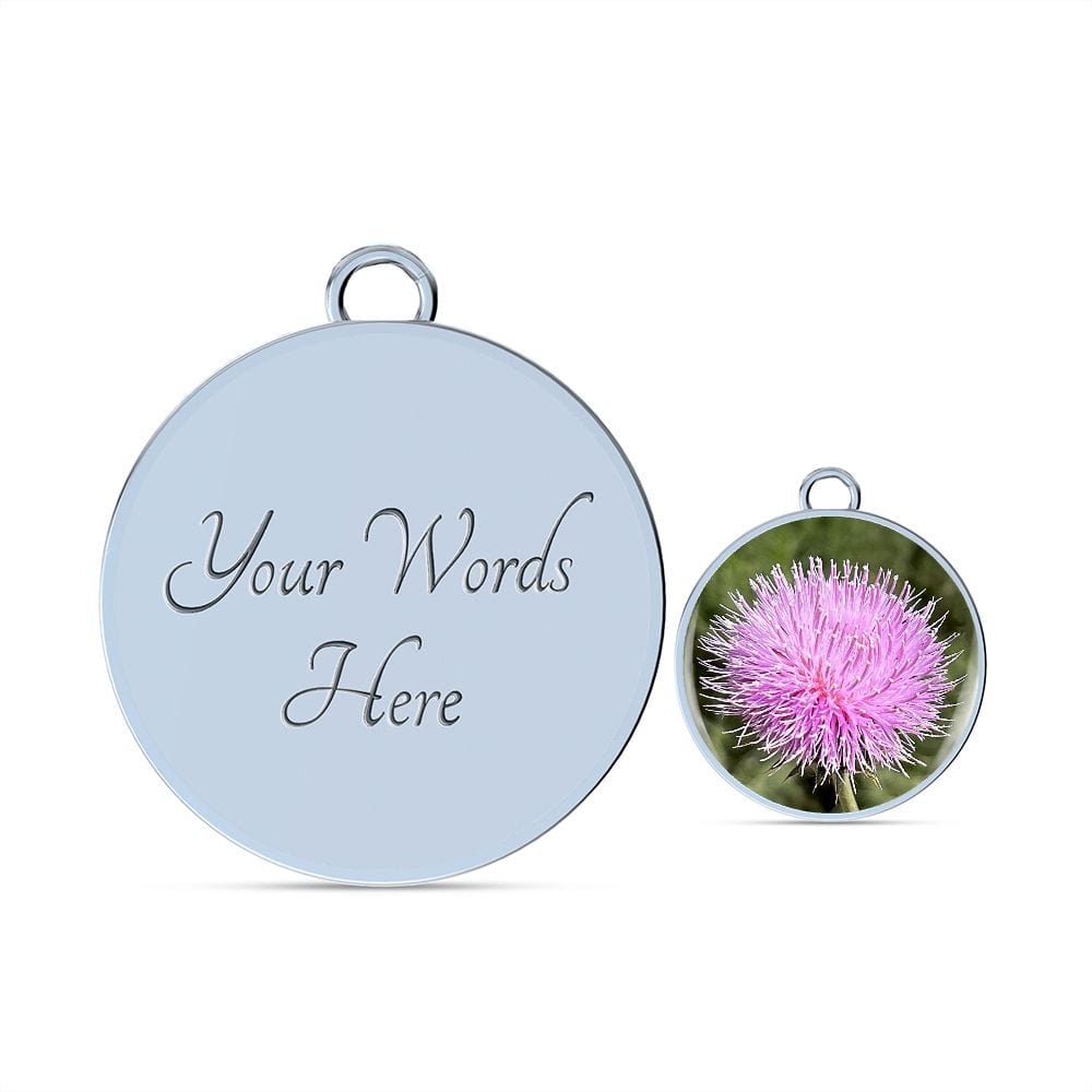 ShineOn Fulfillment Jewelry Luxury Bangle (Silver) / Yes Personalized Pink Thistle Flower, Custom Pendant with Luxury Bangle - Personalized Engraving Available, Gift Box Included, Gift for Her SO-6984754
