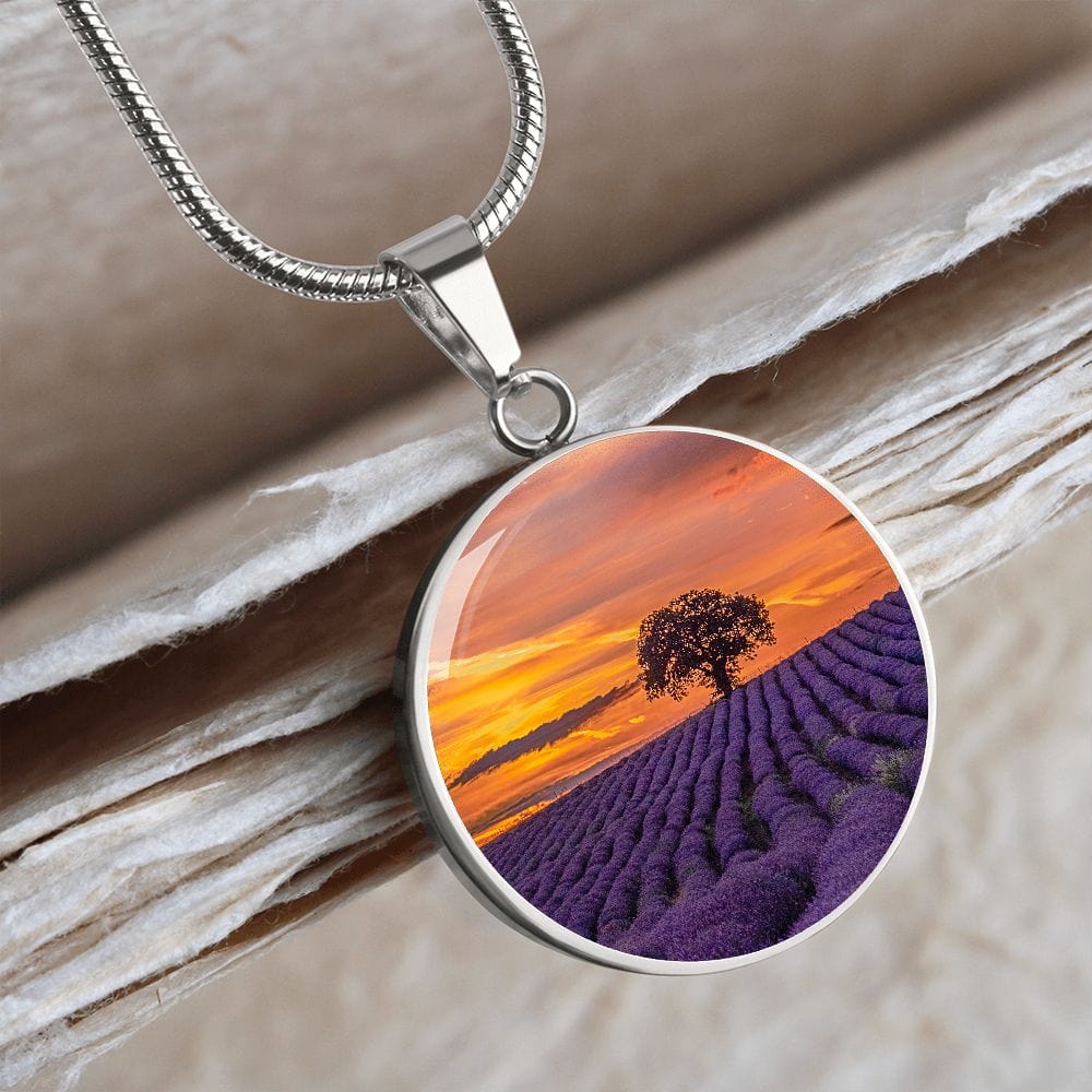 ShineOn Fulfillment Jewelry Luxury Necklace (Silver) / No Personalized Tree in a Purple Field at Sunset, Custom Pendant with Luxury Necklace - Personalized Engraving Available, Gift Box Included SO-6839096