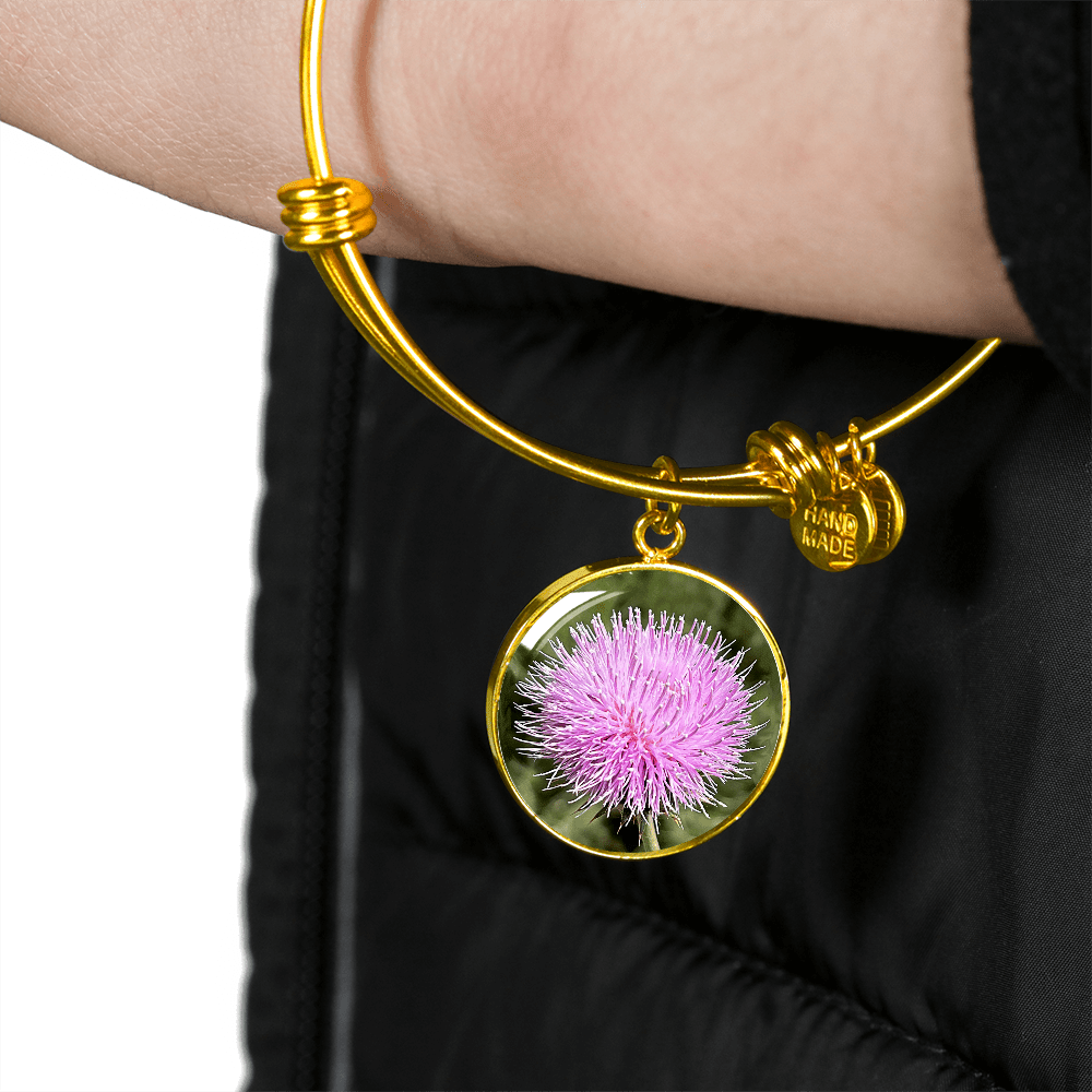ShineOn Fulfillment Jewelry Personalized Pink Thistle Flower, Custom Pendant with Luxury Bangle - Personalized Engraving Available, Gift Box Included, Gift for Her