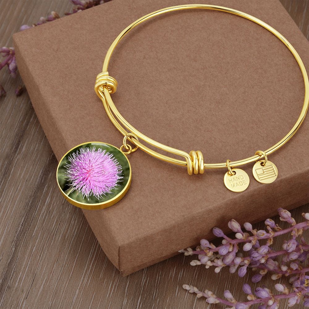 ShineOn Fulfillment Jewelry Personalized Pink Thistle Flower, Custom Pendant with Luxury Bangle - Personalized Engraving Available, Gift Box Included, Gift for Her