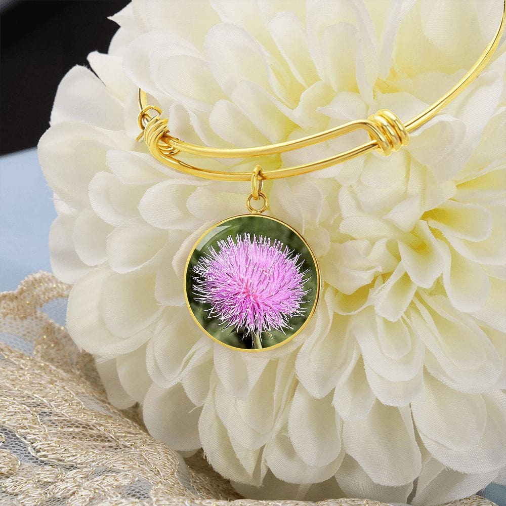 ShineOn Fulfillment Jewelry Personalized Pink Thistle Flower, Custom Pendant with Luxury Bangle - Personalized Engraving Available, Gift Box Included, Gift for Her