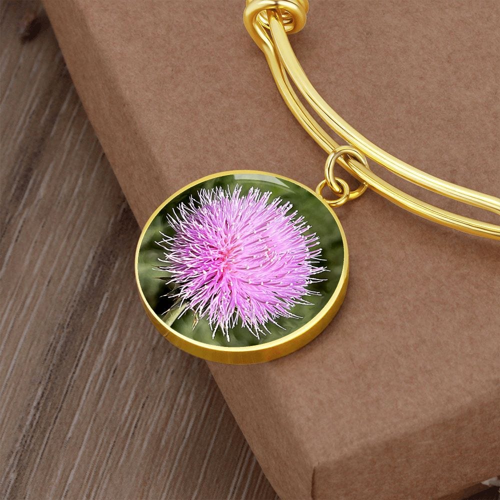 ShineOn Fulfillment Jewelry Luxury Bangle (Gold) / No Personalized Pink Thistle Flower, Custom Pendant with Luxury Bangle - Personalized Engraving Available, Gift Box Included, Gift for Her SO-6984752