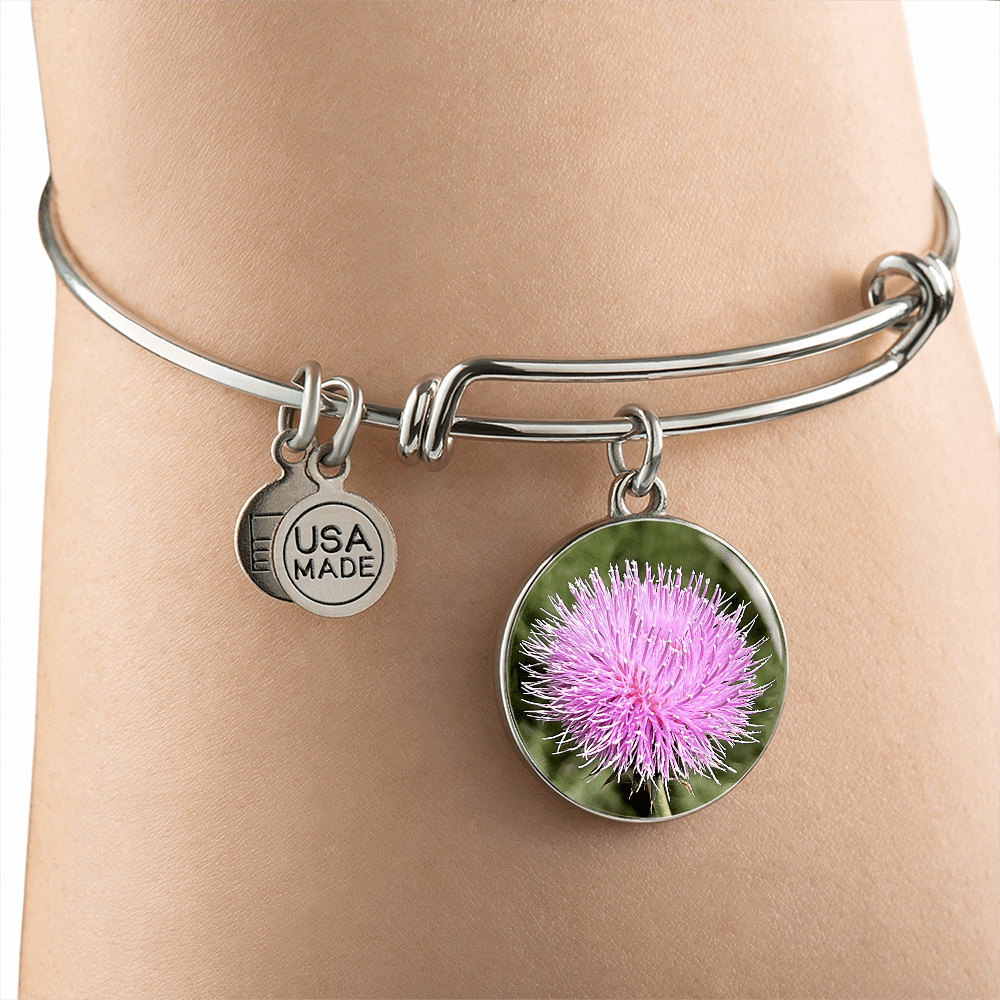 ShineOn Fulfillment Jewelry Personalized Pink Thistle Flower, Custom Pendant with Luxury Bangle - Personalized Engraving Available, Gift Box Included, Gift for Her
