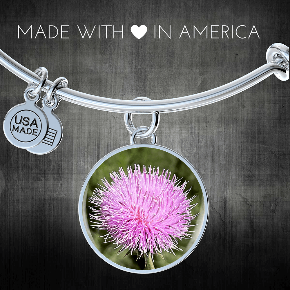ShineOn Fulfillment Jewelry Personalized Pink Thistle Flower, Custom Pendant with Luxury Bangle - Personalized Engraving Available, Gift Box Included, Gift for Her