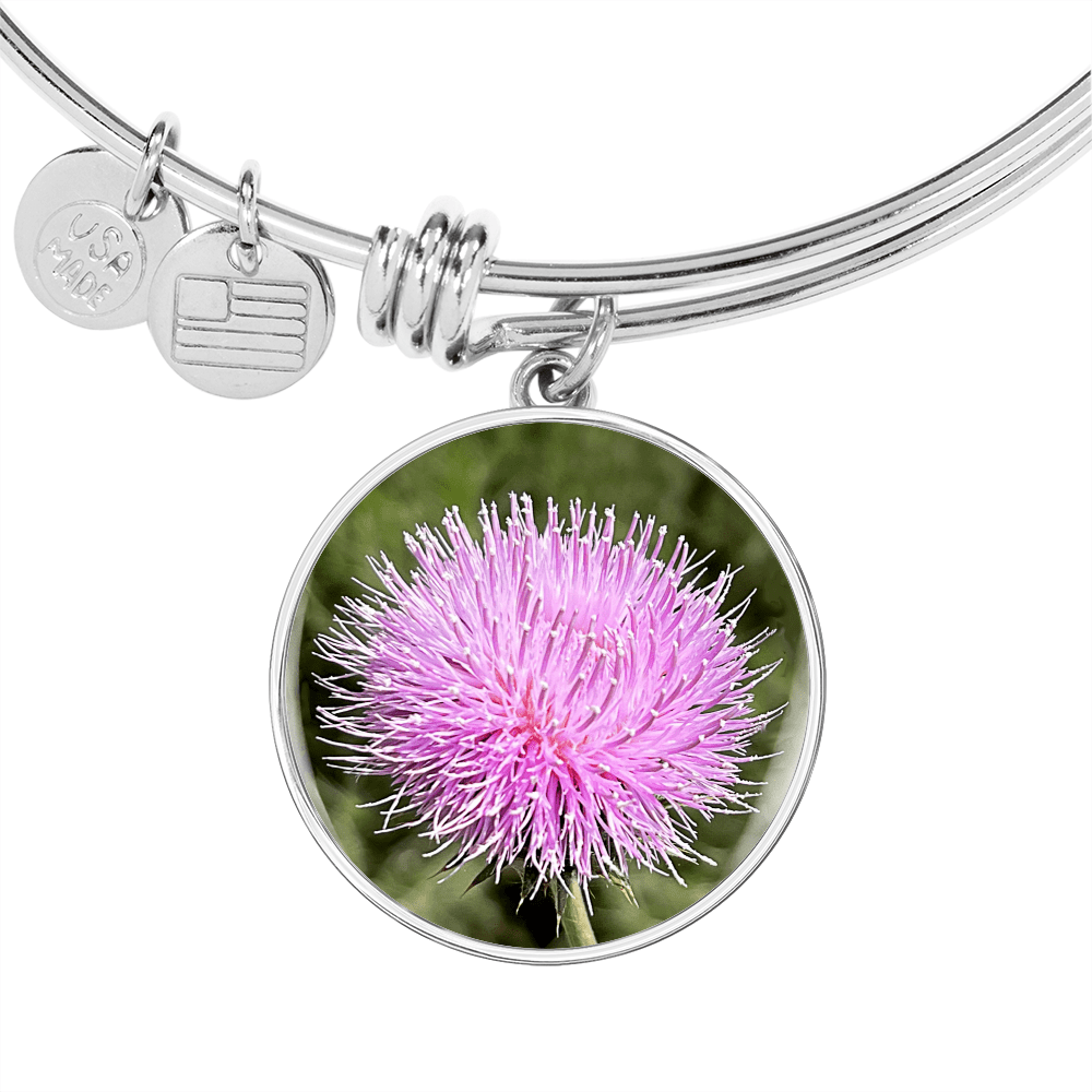 ShineOn Fulfillment Jewelry Personalized Pink Thistle Flower, Custom Pendant with Luxury Bangle - Personalized Engraving Available, Gift Box Included, Gift for Her