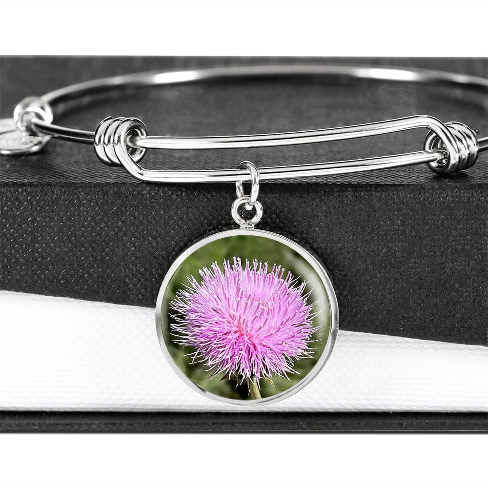 ShineOn Fulfillment Jewelry Personalized Pink Thistle Flower, Custom Pendant with Luxury Bangle - Personalized Engraving Available, Gift Box Included, Gift for Her