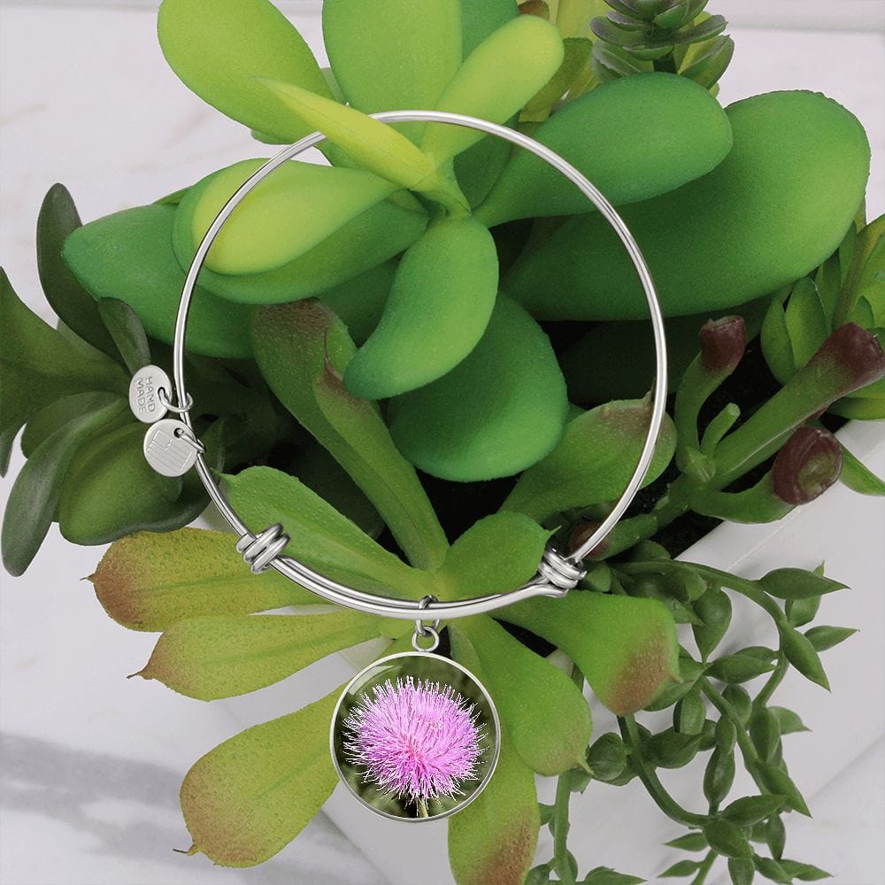 ShineOn Fulfillment Jewelry Luxury Bangle (Silver) / No Personalized Pink Thistle Flower, Custom Pendant with Luxury Bangle - Personalized Engraving Available, Gift Box Included, Gift for Her SO-6984750