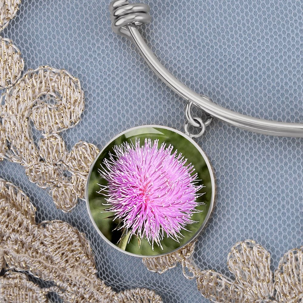 ShineOn Fulfillment Jewelry Personalized Pink Thistle Flower, Custom Pendant with Luxury Bangle - Personalized Engraving Available, Gift Box Included, Gift for Her