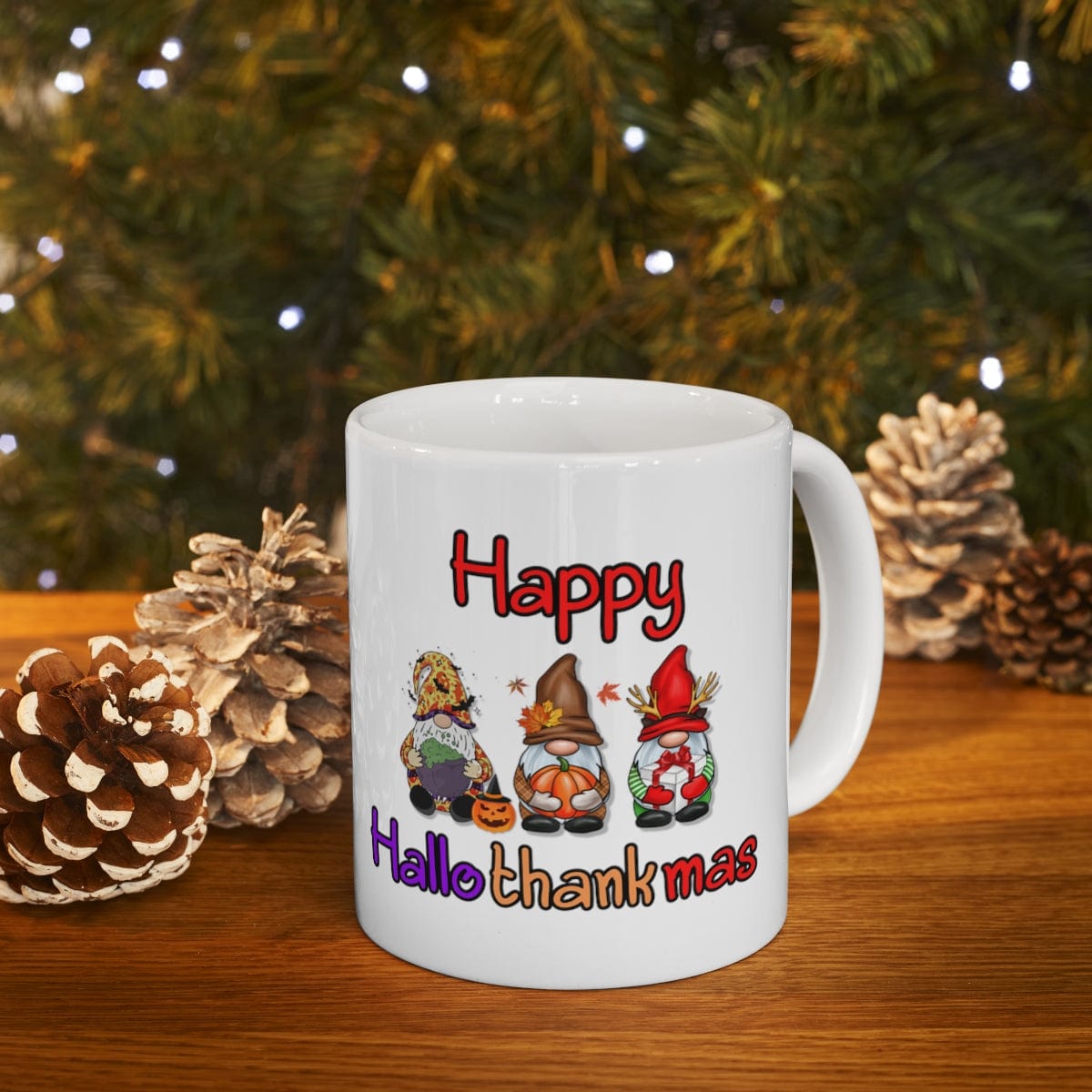Printify Mug 11oz Coffee Mug, "Happy Hallothankmas" White 11oz Ceramic Mug , Gift for Her or Him, Humorous Mug, Humorous Gift 25392184352639115477