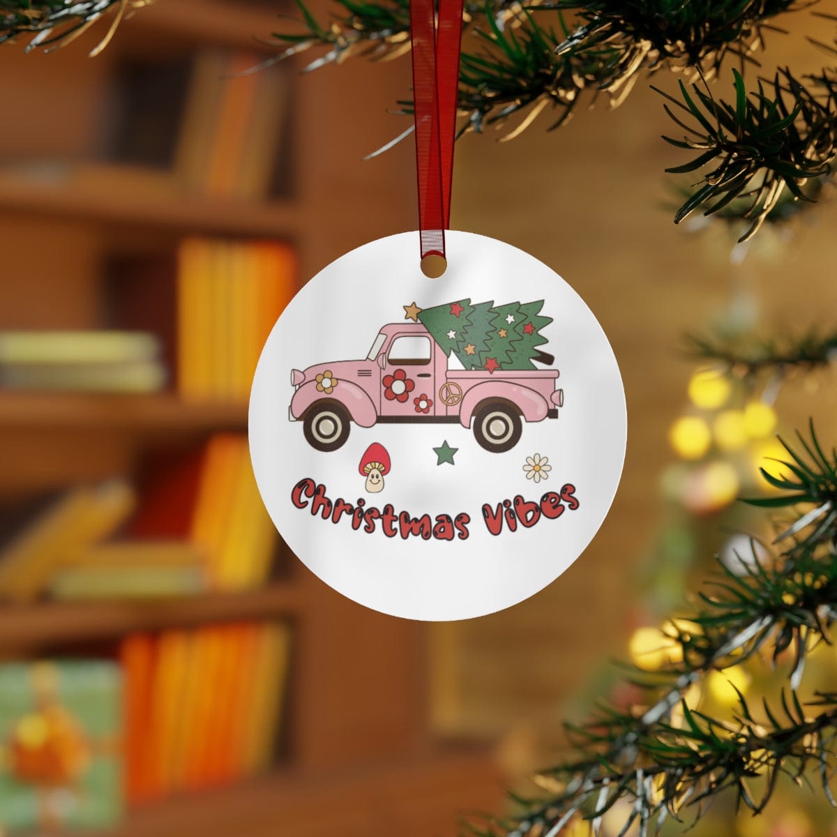 Printify Home Decor Round / One Size Christmas Ornament, Retro Truck Ornament, Pink Truck Christmas Ornament, Christmas Truck, Christmas Gift 69539399381486087888