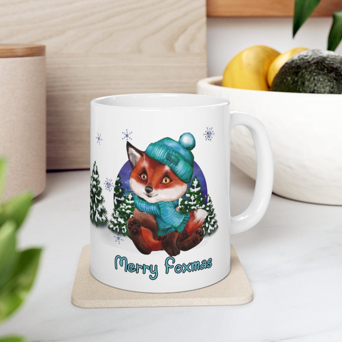 Printify Mug 11oz Coffee Mug, "Merry Foxmas",  Baby Fox Mug, Blue Beanie and Scarf, White 11oz Ceramic, Gift for Her, Cute Mug, Free Shipping 15728506072394654880
