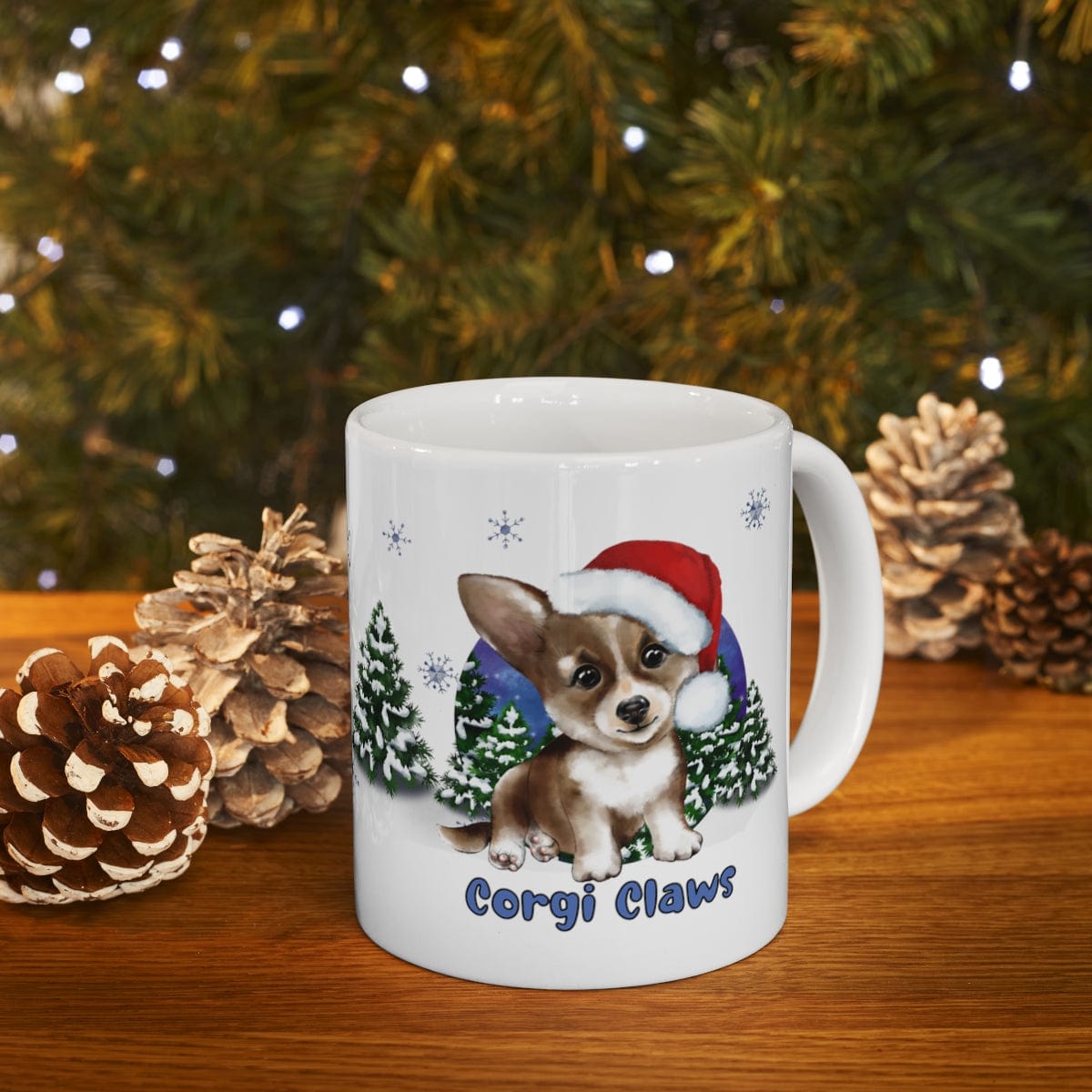 Printify Mug 11oz Coffee Mug, "Corgi Claws",  Dog Mug, Santa Hat, White 11oz Ceramic, Gift for Her, Cute Mug 17129601253703934276