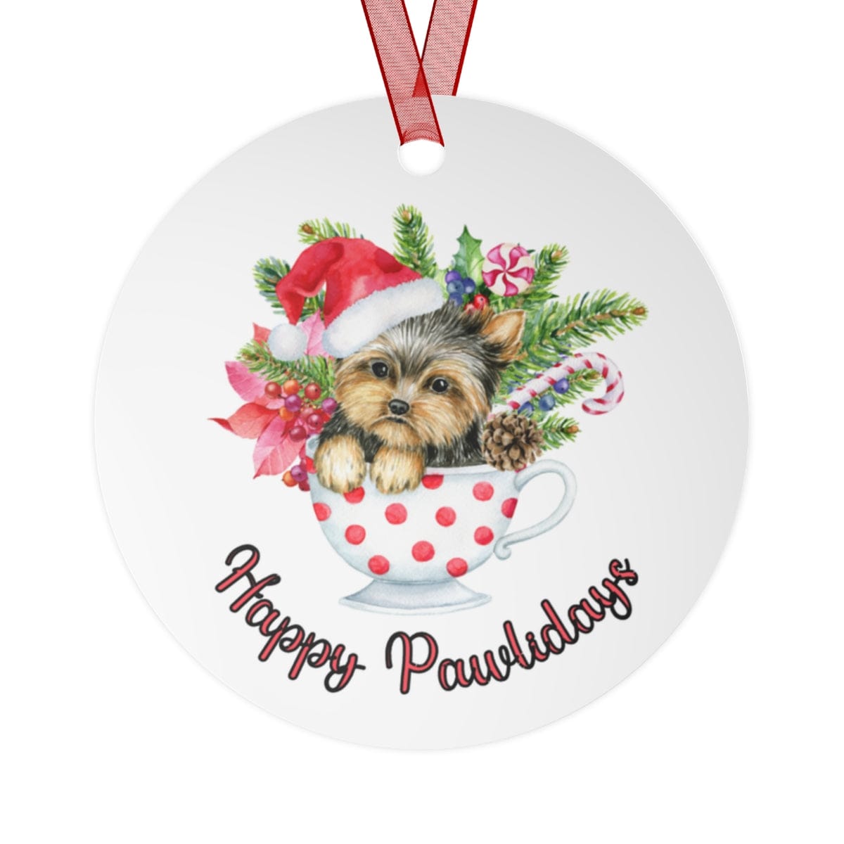 Printify Home Decor Round / One Size Christmas Ornament, Yorkie in a Cup Christmas Ornament, Dog Lover Gift, Yorky Gift, Dog Christmas Ornament, Holiday Decor 10741690807841822323