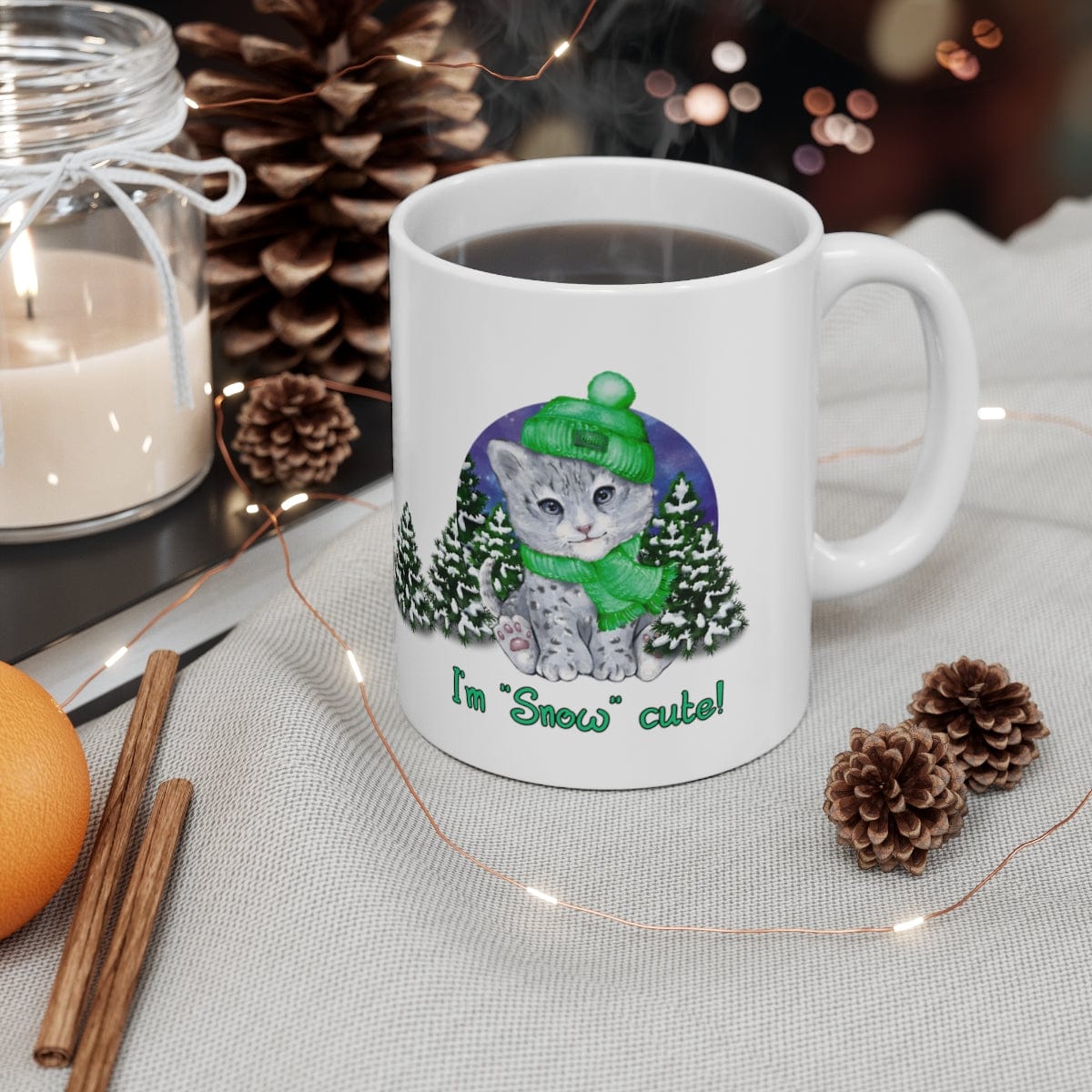 Printify Mug 11oz Coffee Mug, "I'm SNOW Cute!",  Baby Snow Leopard Mug, Green Outfit, White 11oz Ceramic, Gift for Her, Cute Mug, Funny Mug, Free Shipp 15521824414343900357