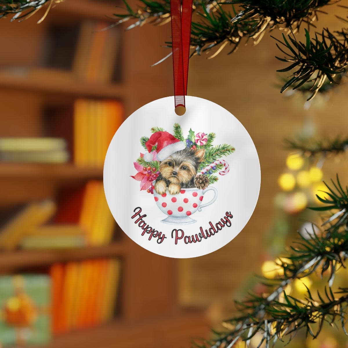 Printify Home Decor Round / One Size Christmas Ornament, Yorkie in a Cup Christmas Ornament, Dog Lover Gift, Yorky Gift, Dog Christmas Ornament, Holiday Decor 10741690807841822323