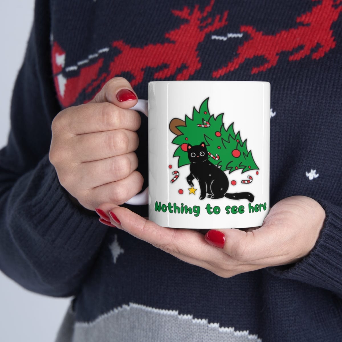 Printify Mug 11oz Coffee Mug, "Nothing to See Here", Cat attacks tree, Christmas Coffee Mug Gift , White 11oz Ceramic, Gift for Her, Cute Mug, Free Shipping 94816106488375186190