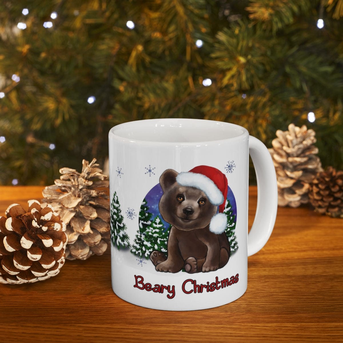 Printify Mug 11oz Coffee Mug, "Beary Christmas",  Brown Bear Mug, Red Hat, White 11oz Ceramic, Cute Mug, 26226106429444536752