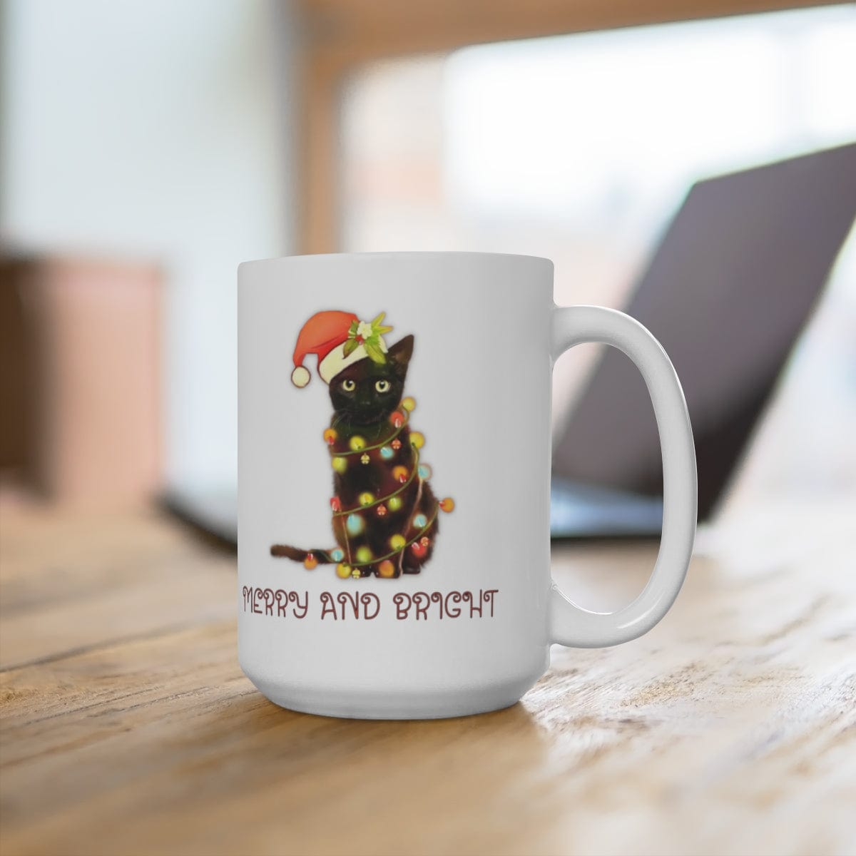 Printify Mug 15oz Coffee Mug, "Merry and Bright", Cat with lights, Christmas Coffee Mug Gift , White 15oz Ceramic, Gift for Her, Cute Mug, Free Shipping 30591592797192310958