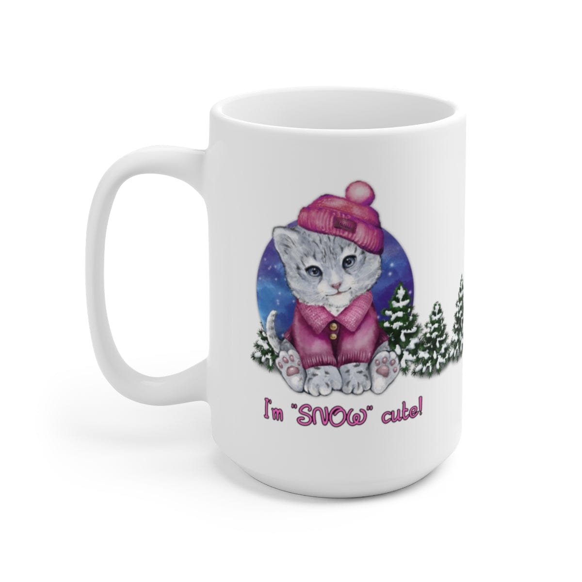 Printify Mug 15oz Coffee Mug, "I'm SNOW Cute!",  Baby Snow Leopard Mug, Pink Outfit, White 15 oz Ceramic, Gift for Her, Cute Mug 13199455690845617856