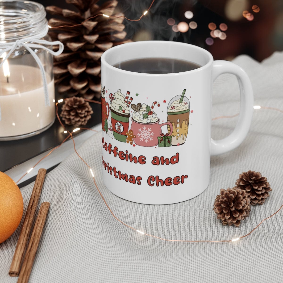 Printify Mug 11oz Coffee Mug, "Caffeine and Christmas Cheer", Fancy Coffee Drinks, Christmas Coffee, White 11oz Ceramic, Gift for Her, Cute Mug, Free Shipping 22780328799452416460
