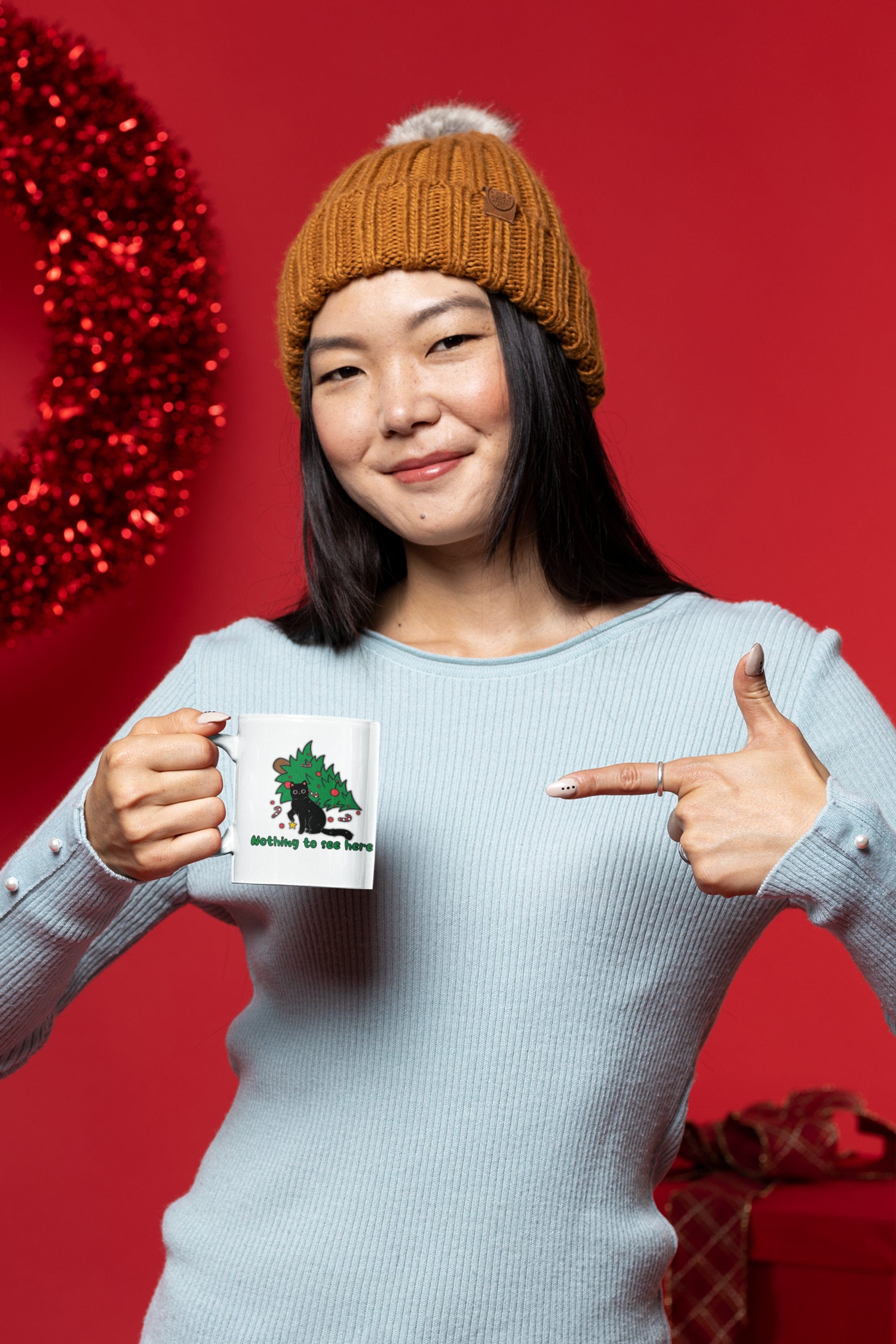 Printify Mug 15oz Coffee Mug, "Nothing to See Here", Cat attacks tree, Christmas Coffee Mug Gift , White 15 oz Ceramic, Gift for Her, Cute Mug, Free Shipping 28241881805199253504