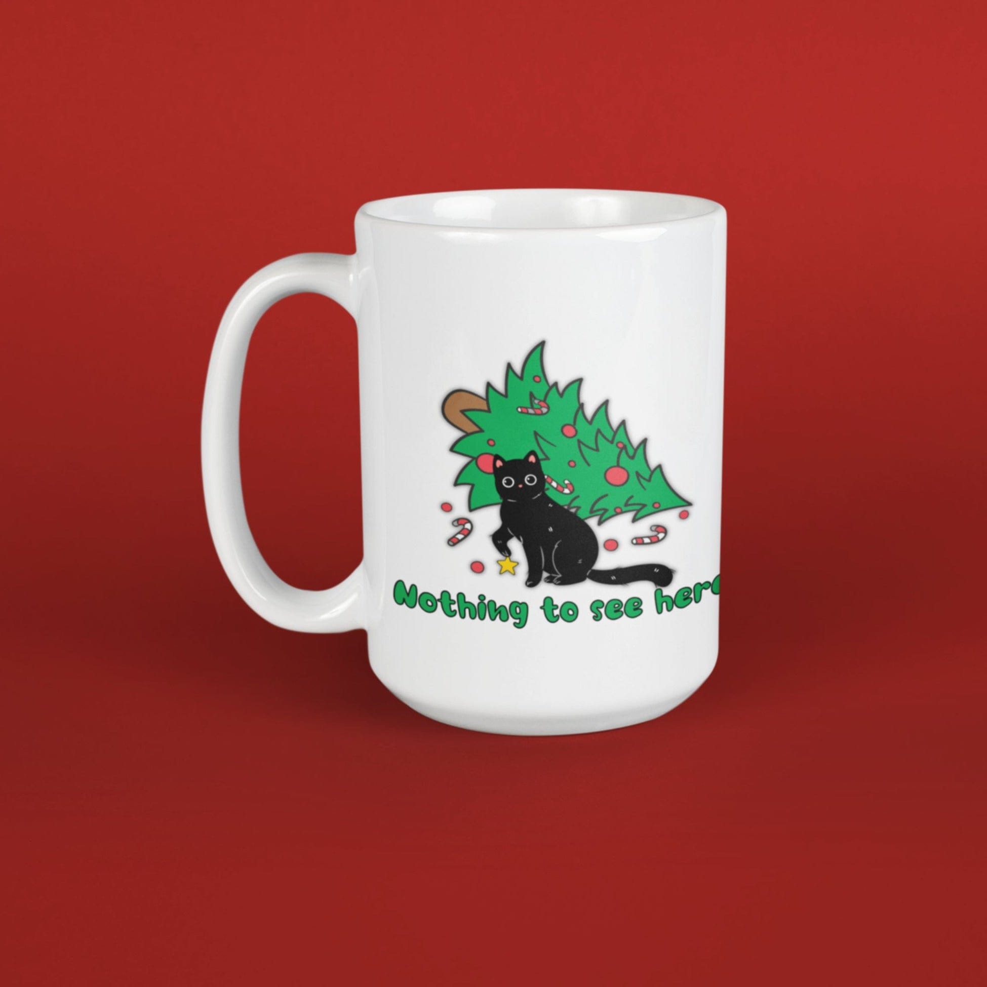 Printify Mug 15oz Coffee Mug, "Nothing to See Here", Cat attacks tree, Christmas Coffee Mug Gift , White 15 oz Ceramic, Gift for Her, Cute Mug, Free Shipping 28241881805199253504