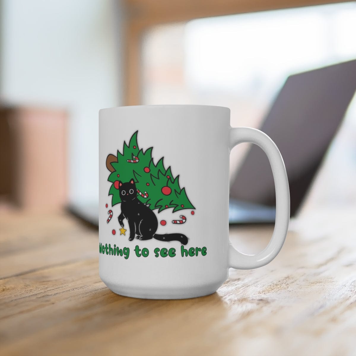 Printify Mug 15oz Coffee Mug, "Nothing to See Here", Cat attacks tree, Christmas Coffee Mug Gift , White 15 oz Ceramic, Gift for Her, Cute Mug, Free Shipping 28241881805199253504