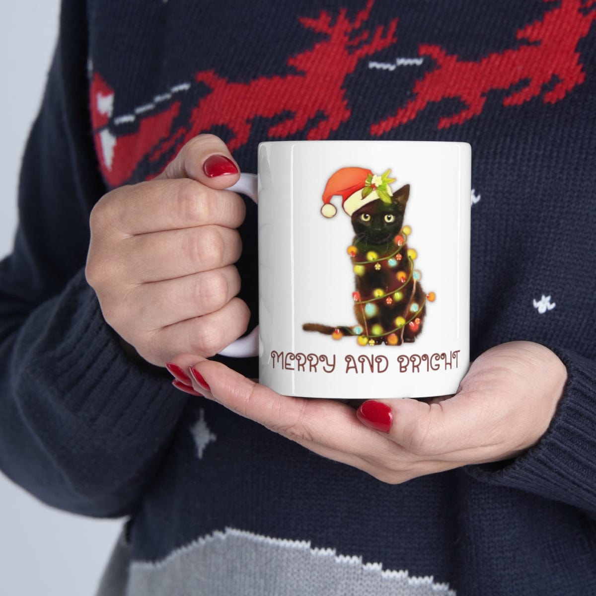Printify Mug 11oz Coffee Mug, "Merry and Bright", Cat with lights, Christmas Coffee Mug Gift, White 11oz Ceramic, Gift for Her, Cute Mug 24260169672849610804
