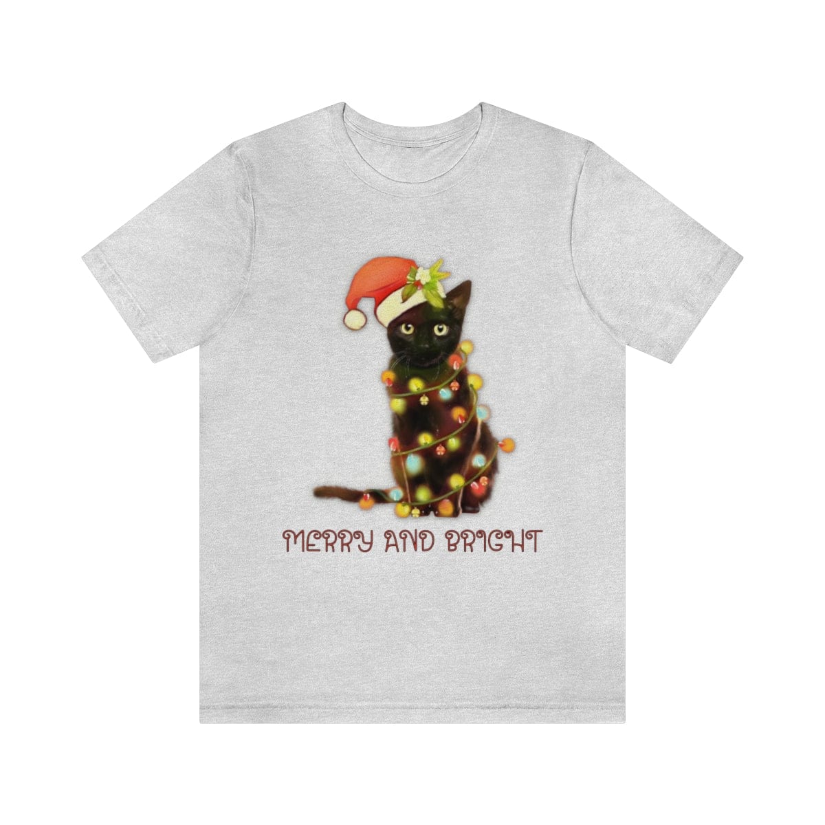 Printify T-Shirt Ash / S Christmas Cat Shirt, Black Cat with Lights, Winter Tshirts, Unisex Short Sleeve Tee, Graphic Tee, Cute Winter Shirts, Gift Teen, Free Shipping 13034781980530669152