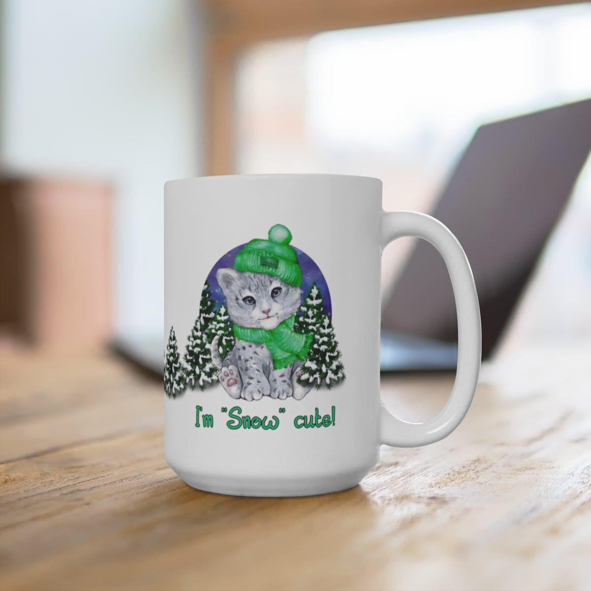 Printify Mug 15oz Coffee Mug, "I'm SNOW Cute!",  Baby Snow Leopard Mug, Green Outfit, White 15 oz Ceramic, Gift for Her, Cute Mug, Funny Mug, Free Ship 14642869589641345406