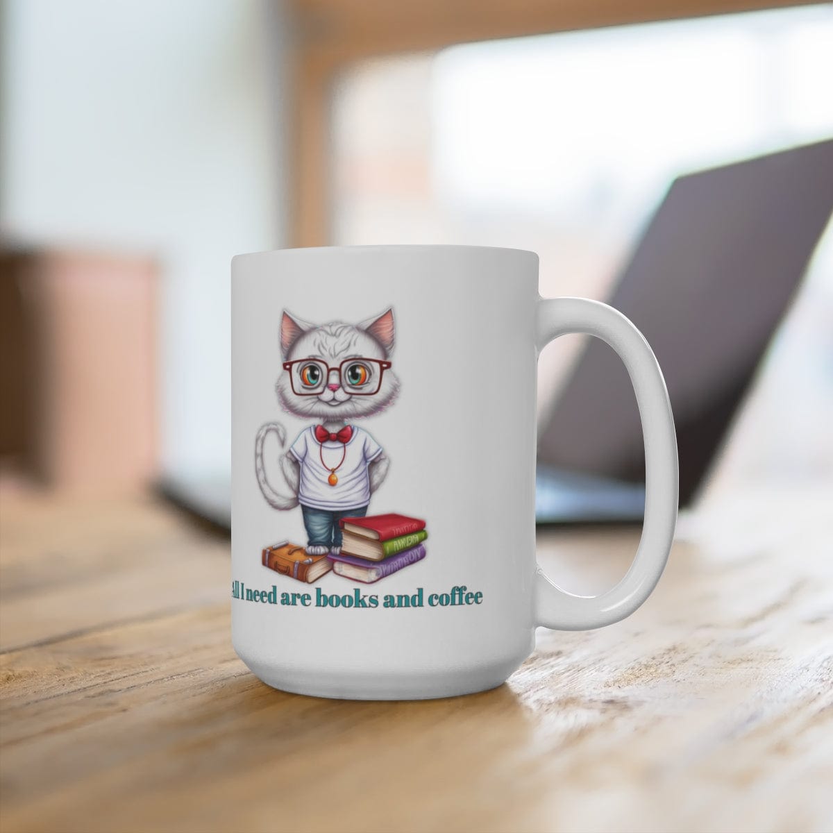 Printify Mug 15oz Coffee Mug, Cat with Books, Cat Coffee mug, Coffee Mug Gift , Book Lovers Gift, White 15 oz Ceramic, Gift for Her, Cute Mug, Free Shipping 19830087127153602518