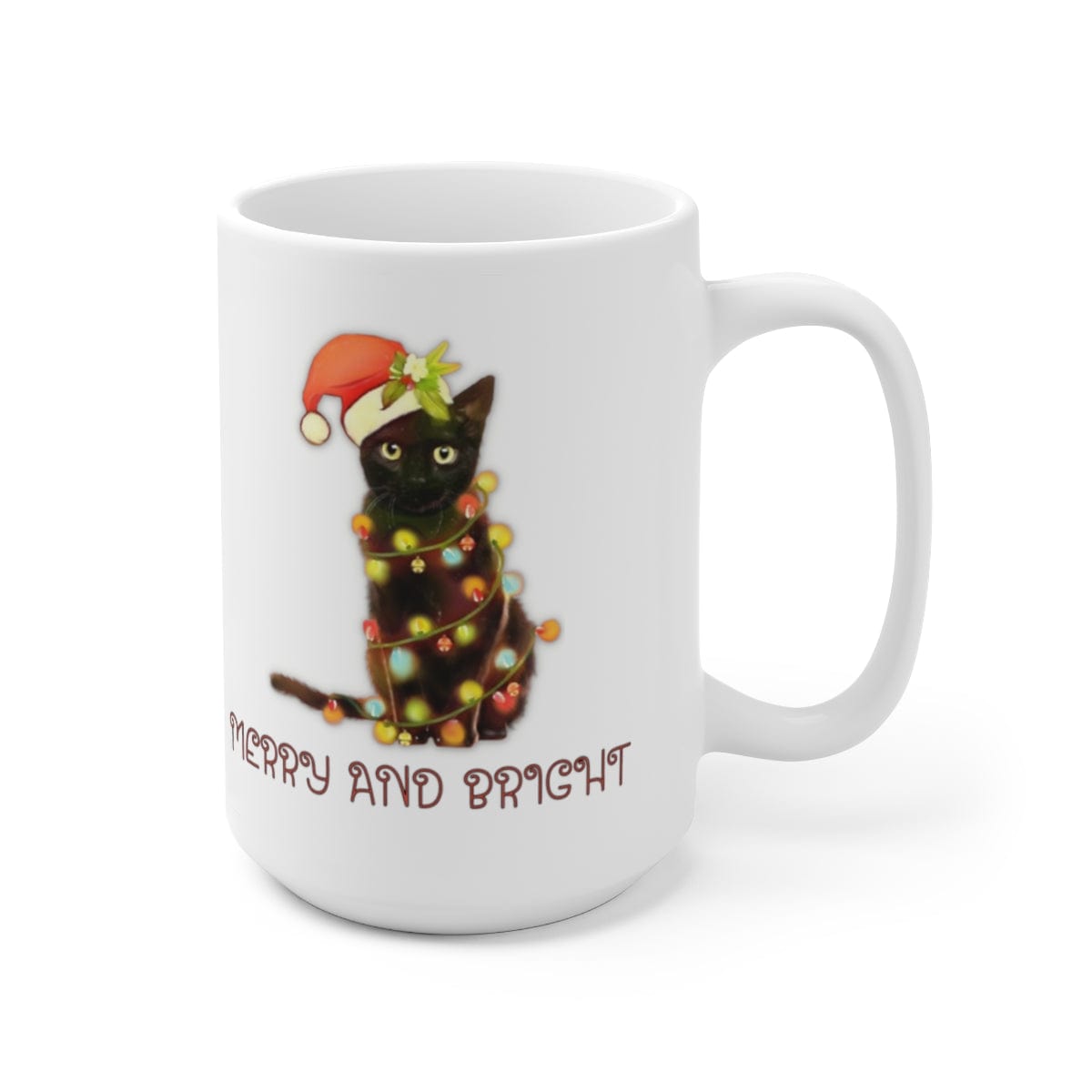 Printify Mug 15oz Coffee Mug, "Merry and Bright", Cat with lights, Christmas Coffee Mug Gift , White 15oz Ceramic, Gift for Her, Cute Mug, Free Shipping 30591592797192310958